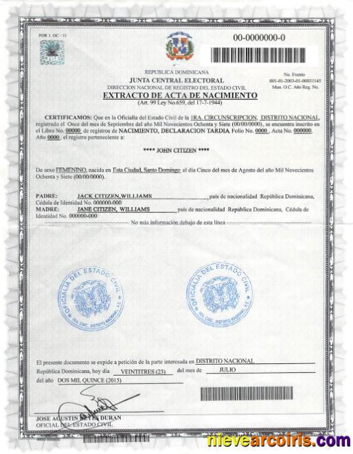 DOMINICANA birth certificate